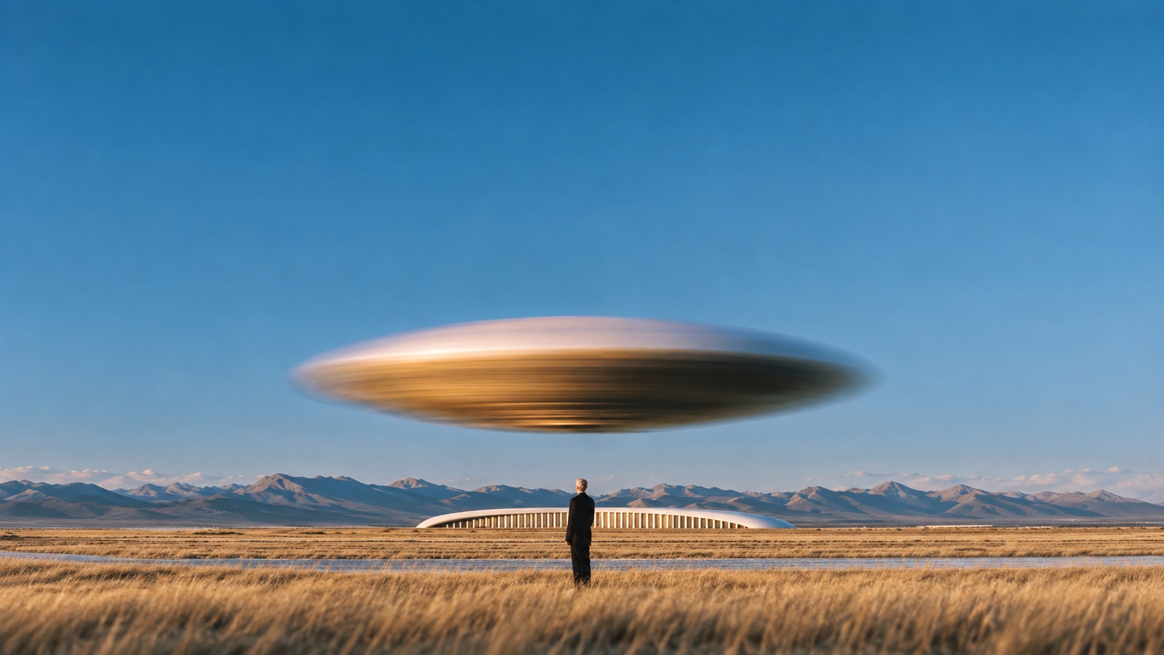 A floating metallic form above an open landscape, with a lone figure looking toward the horizon.