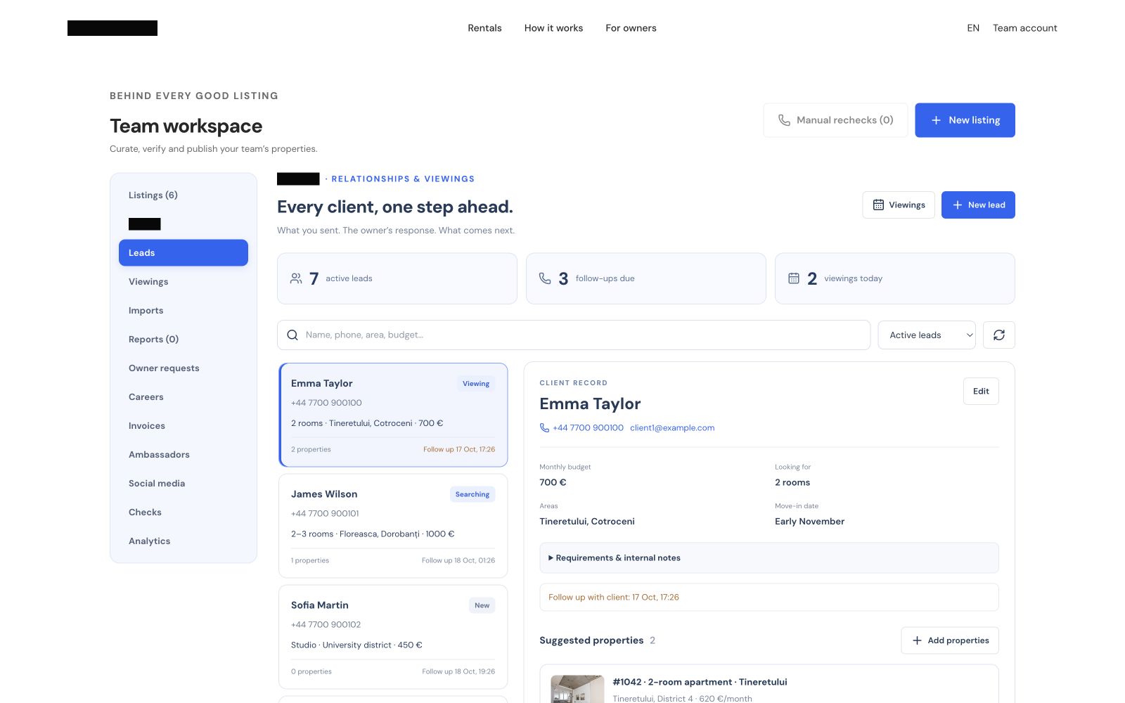 Property CRM with lead records, search preferences and matching properties