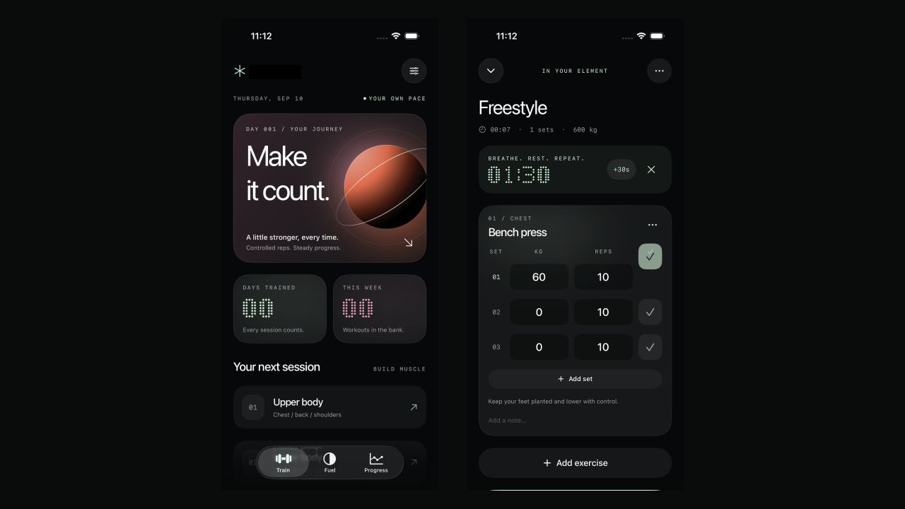 Native iPhone workout home screen and active workout with rest timer