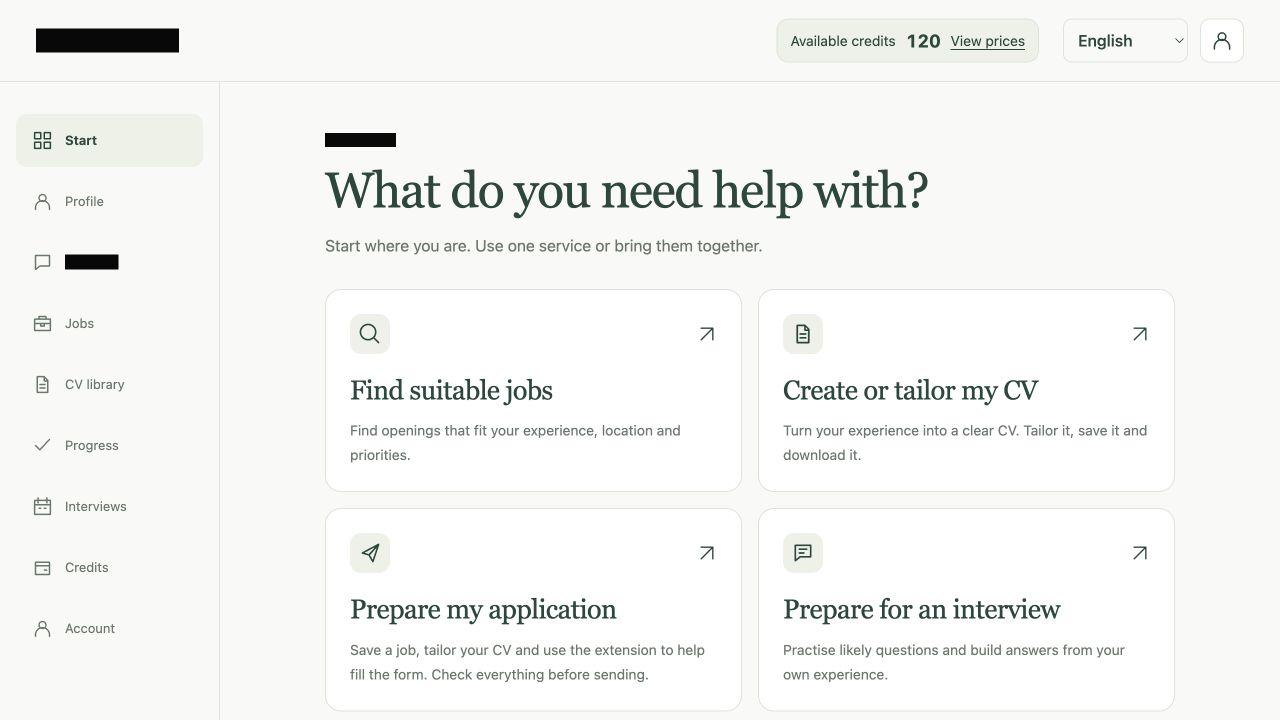 Career workspace for jobs, CVs, applications and interviews