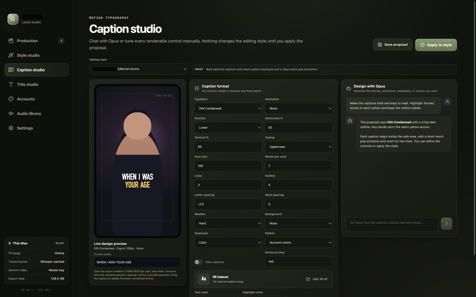 Video editor caption studio with live preview and typography controls